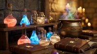 Medieval alchemist laboratory with glowing potions in glass bottles, ancient cauldron, candlelight and mystical atmosphere for fantasy gaming content.