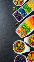 Colorful assorted candies and sweets arranged in white bowls on dark slate background for party treats and confectionery displays.