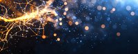 Glowing neural network visualization with orange light trails and blue bokeh effects against dark space background creates futuristic technological atmosphere.