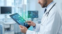 Male doctor using digital tablet with holographic medical data visualization in modern hospital clinic for healthcare technology innovation.