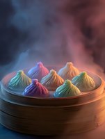 Colorful rainbow dumplings in bamboo steamer with dramatic smoke background, showcasing Asian cuisine in vibrant hues.