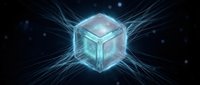 Glowing neon cube with digital energy waves radiating outward on dark background, representing technology, innovation, and data processing for digital design projects.