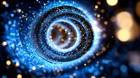 Glowing blue spiral tunnel with particles and bokeh lights creating futuristic vortex effect against dark background, digital technology concept.