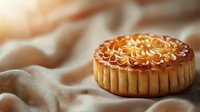 Traditional mooncake with ornate lotus pattern on top placed on soft beige fabric with gentle folds, showcasing Asian pastry craftsmanship in warm lighting.