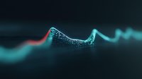 Futuristic digital wave visualization with glowing turquoise particles forming mountain-like peak against dark background, abstract data representation for finance.