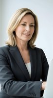 Middle-aged woman with shoulder-length blonde hair wearing dark blazer and white top, smiling at camera against white background for corporate and business use.