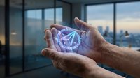 Businessman hands holding glowing holographic geometric crystal structure in modern office with city skyline view at sunset for technology innovation concepts.