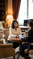 Two professional businesswomen having meeting in elegant office interior with warm lighting and classic furniture for corporate consultation.