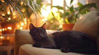 Sleepy black cat resting on beige couch with cozy bokeh lights and houseplants in background creating warm atmospheric home environment.