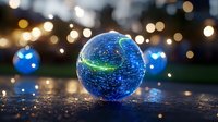 Glowing blue glass sphere with constellation pattern against blurred bokeh lights and reflective surface, magical evening atmosphere with decorative orbs.