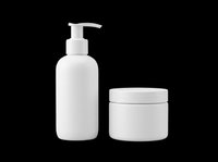 White cosmetic bottles with pump dispenser and cream jar, isolated on transparent background. Ready for skincare, beauty product packaging design, t-shirt graphics, sublimation, print-on-demand, and sticker applications.