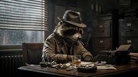 Anthropomorphic raccoon detective wearing fedora hat sits at desk in noir office, examining evidence and documents under lamp light.