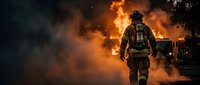 Brave firefighter in protective gear walking toward massive wildfire blaze with intense orange flames and smoke. Emergency response and heroic rescue operations concept.