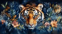 Majestic tiger face emerging from dark tropical foliage with pink flowers and blue leaves, watercolor art style composition for wall decor and textile design.