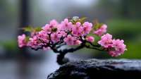 Pink blossoms on miniature bonsai tree branch against dark stone surface, shallow depth of field creating dreamy spring garden atmosphere.