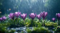 Purple crocus flowers blooming in spring rain with water droplets on petals and green moss ground creating fresh seasonal garden scene for nature backgrounds.