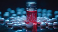 Medical vial with red liquid surrounded by white pills on reflective surface in dramatic blue lighting, pharmaceutical concept for drug development.
