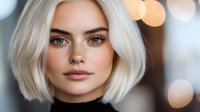 Portrait of young woman with platinum blonde bob haircut, freckles, and natural makeup against blurred bokeh background.