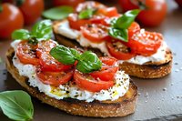 Toasted bread slices topped with creamy ricotta cheese, fresh cherry tomatoes, basil leaves, olive oil, and black pepper on dark stone background. Mediterranean appetizer.