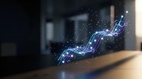 Digital holographic arrow pointing upward with glowing blue light effects and particles floating above modern workspace surface for business growth concepts.