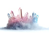 Pink and blue crystal clusters emerging from misty gray base, mineral formation with translucent quartz points growing upward against white background.