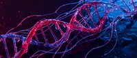 Futuristic DNA double helix structure with glowing neon lights in pink and blue colors on dark background for biotechnology and genetic research concepts.