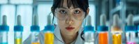 Young Asian female scientist in laboratory coat and glasses conducting research, examining test tubes with colorful liquid samples in modern medical facility.