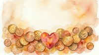 Watercolor heart surrounded by golden coins on soft pastel background for financial love and money romance themed designs.