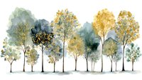 Watercolor forest landscape with autumn trees in gold, green, and blue tones, creating a serene woodland scene for nature-inspired designs.