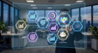 Modern businessman touching holographic interface with business analytics icons in corporate office environment for digital transformation presentations.