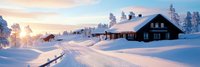 Cozy wooden cabin nestled in snowy mountain landscape at sunset with warm golden light illuminating winter wonderland and snow-covered pine trees.