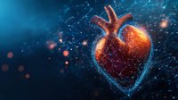 Digital heart visualization with glowing orange core and network connections on dark blue background, medical science concept for cardiology and healthcare.