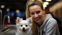 Young Caucasian woman in gray hoodie smiling with white Pomeranian dog at pet grooming salon. Happy pet owner and furry companion sharing joyful moment during grooming session.