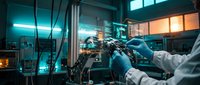 Scientist in protective gloves operating advanced laboratory equipment in modern research facility with blue lighting for scientific experiments.