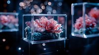 Vibrant red coral specimen displayed in clear glass box with bokeh background lighting creates dramatic scientific museum exhibition atmosphere.