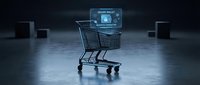 Glowing shopping cart with holographic secure wallet and encrypted transaction interface on dark background for fintech concepts.