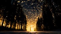 Magical winter forest scene with swirling golden lights creating spiral pattern above snowy path at sunset for fantasy and nature concepts.