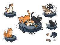 Cartoon cats playing and jumping on robotic vacuum cleaners, featuring orange tabby, black, and calico kittens in playful poses. Isolated clipart set ready for design use.