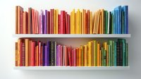 Colorful books arranged by rainbow spectrum colors on white floating shelves against light wall, creating vibrant gradient display for modern interior design and decoration.