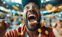 Young African American man with beard wearing cap expressing extreme joy and excitement with mouth wide open against blurred bokeh lights and festive atmosphere.