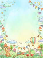Whimsical nursery border featuring hot air balloon, teddy bear, bunny, colorful bunting, clouds, stars, and countryside village scene on isolated white background. Perfect for children's designs, invitations, and stationery.