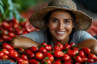 Smiling young woman in straw hat surrounded by fresh ripe tomatoes at farmers market, showcasing organic produce harvest.