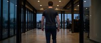 Man in black athletic wear standing in modern office lobby with floor-to-ceiling windows at dusk, suitable for corporate wellness and workplace fitness concepts.