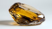 Faceted amber crystal gemstone with sharp edges and geometric cuts casting shadow on light background, showcasing brilliance and transparency in luxury jewelry design.