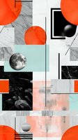Abstract geometric composition featuring orange circles, moon phase, and marble textures in black, white and mint green creating modern minimalist design with architectural elements.