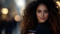 Young woman with long curly dark hair and medium brown skin tone wearing black turtleneck, smiling at camera with blurred city lights background for portrait and lifestyle use.