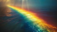 Vibrant rainbow light beam reflecting on rippling water surface creates magical atmospheric effect with golden and turquoise colors in dark moody setting.