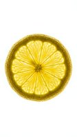 Backlit lemon slice isolated on white background, revealing vivid yellow pulp, segments, and texture in stunning macro detail.