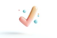 Floating gradient checkmark symbol with soft pink and peach colors surrounded by blue and coral spheres on white background, isolated design element.