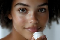 Young mixed-race woman applying facial cream for skincare routine. Natural beauty and wellness concept for cosmetic products and self-care lifestyle.